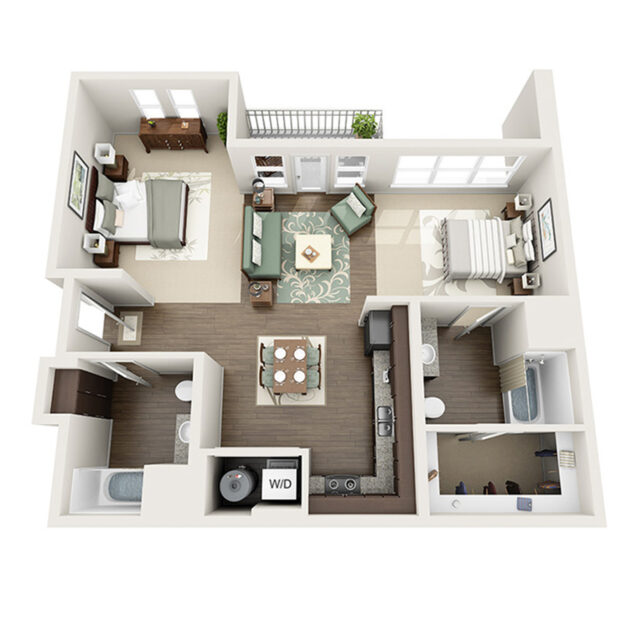 Rendering of the Lobo floor plan with a Studio bedroom and 2 bathroom[s] at Apex 5510