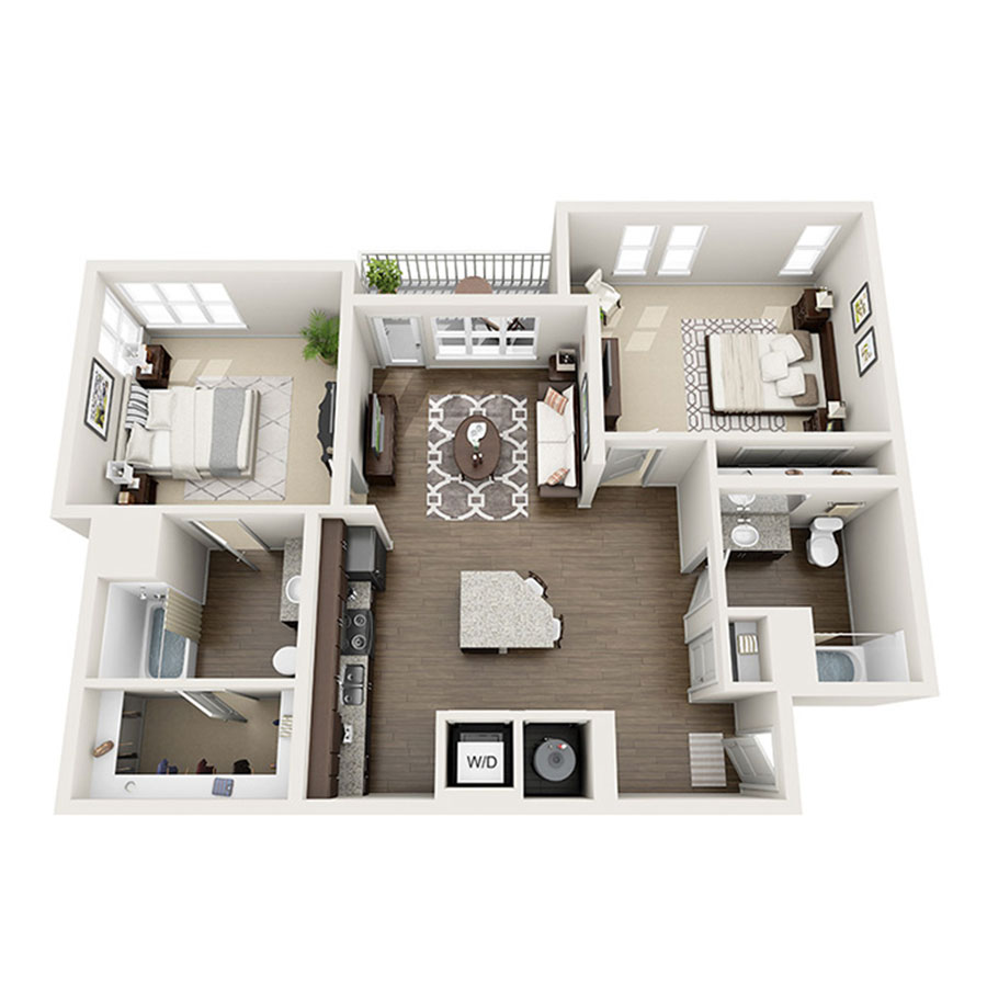 Rendering of the Cottonwood floor plan with 2 bedroom[s] and 2 bathroom[s] at Apex 5510