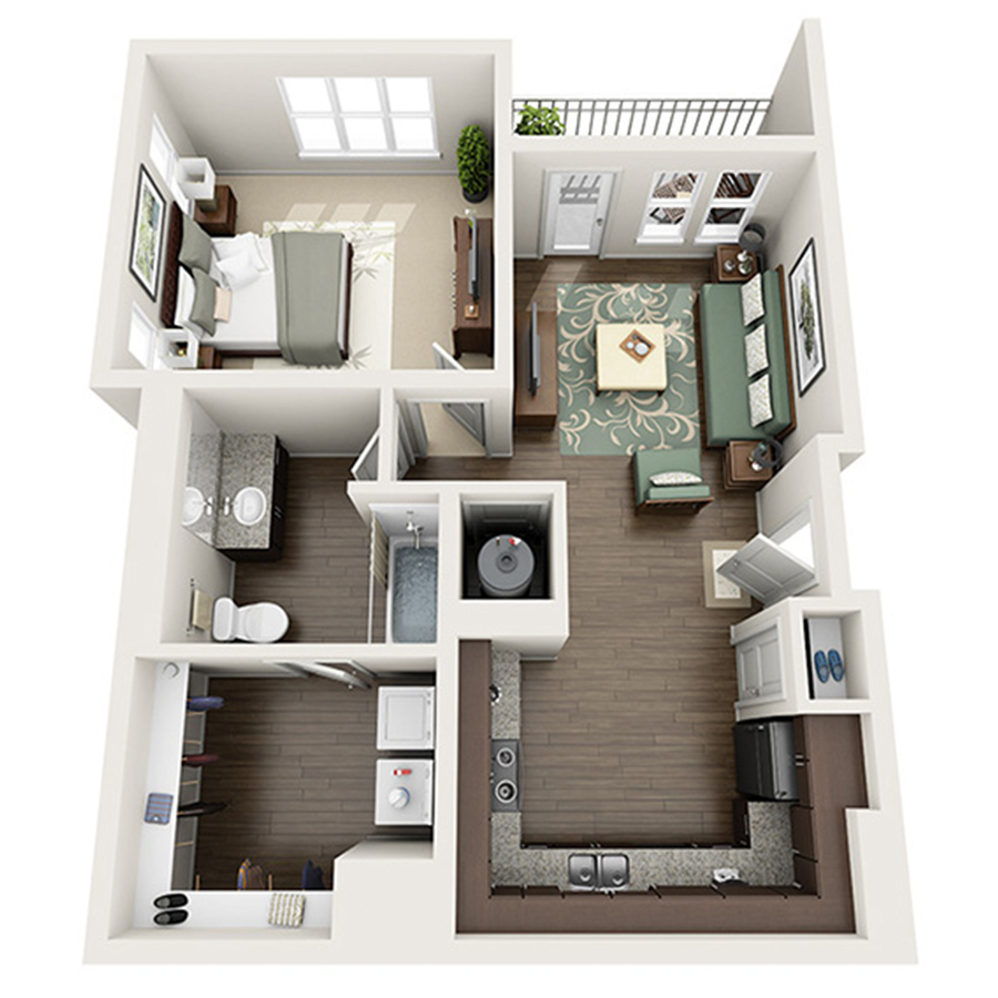 Rendering of the Pikes Peak floor plan with 1 bedroom[s] and 1 bathroom[s] at Apex 5510