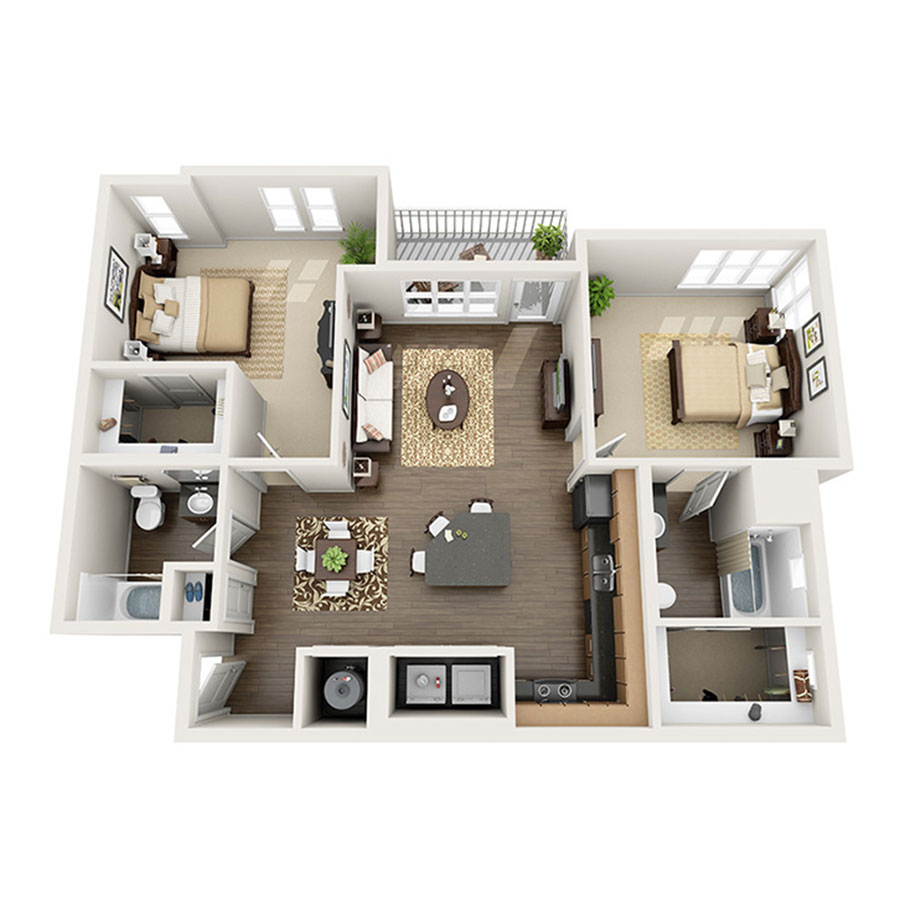 Rendering of the Foothills floor plan with 2 bedroom[s] and 2 bathroom[s] at Apex 5510