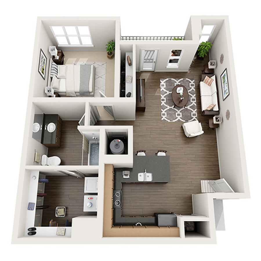 Rendering of the Torreys Peak floor plan with 1 bedroom[s] and 1 bathroom[s] at Apex 5510