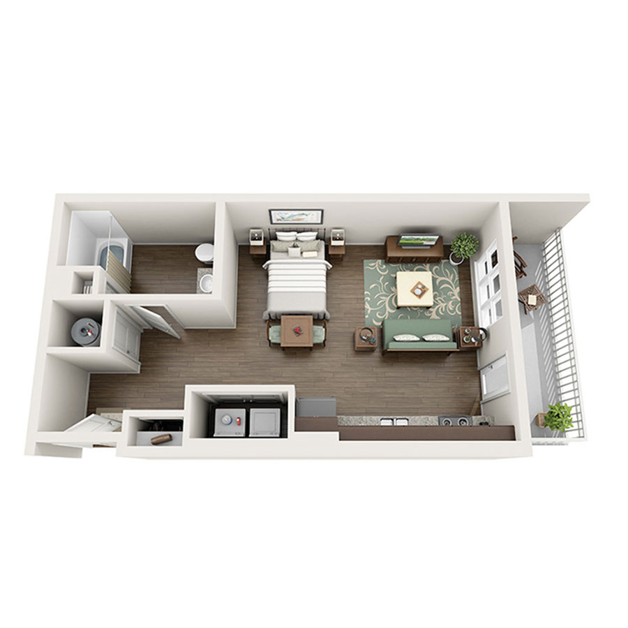Rendering of the Fern Canyon floor plan with a Studio bedroom and 1 bathroom[s] at Apex 5510