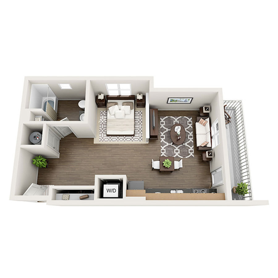 Rendering of the Shadow Canyon floor plan with a Studio bedroom and 1 bathroom[s] at Apex 5510