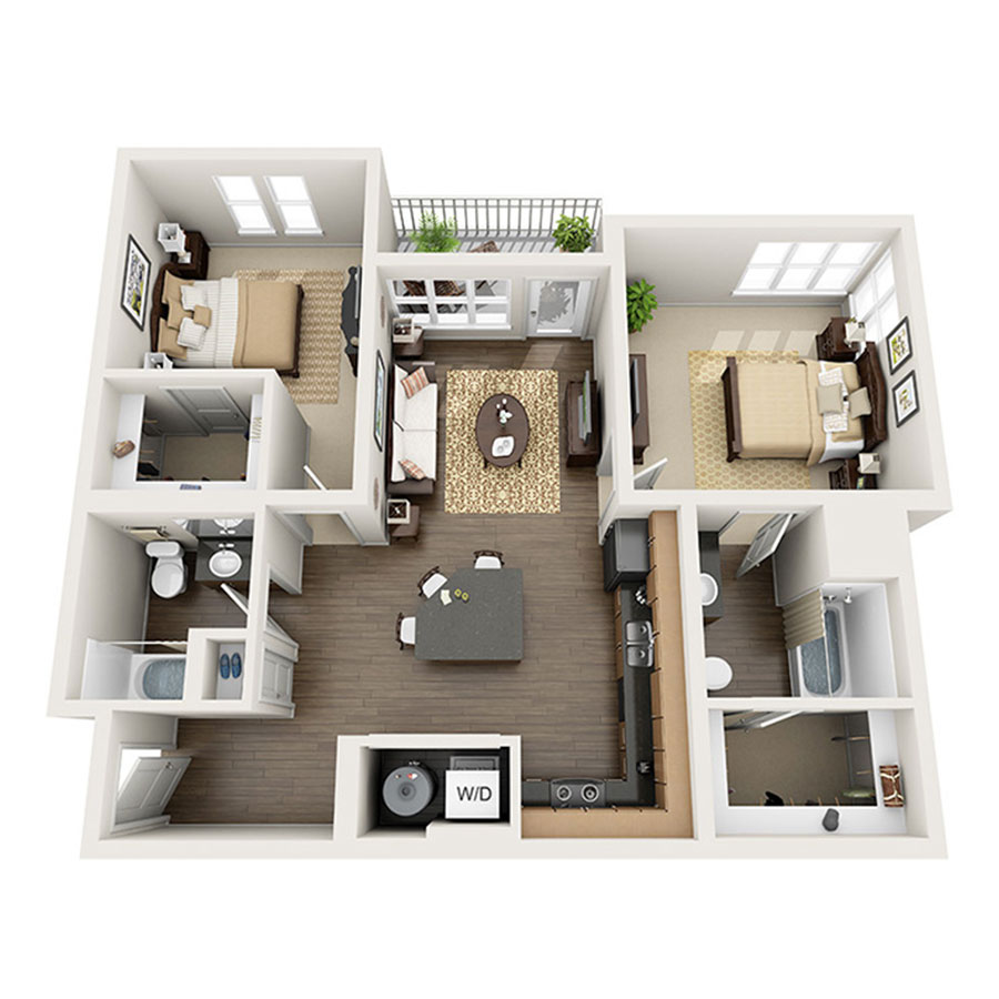 Rendering of the Bitterbrush floor plan with 2 bedroom[s] and 2 bathroom[s] at Apex 5510