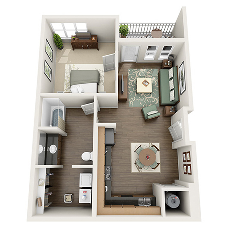 Rendering of the Geneva Peak floor plan with 1 bedroom[s] and 1 bathroom[s] at Apex 5510
